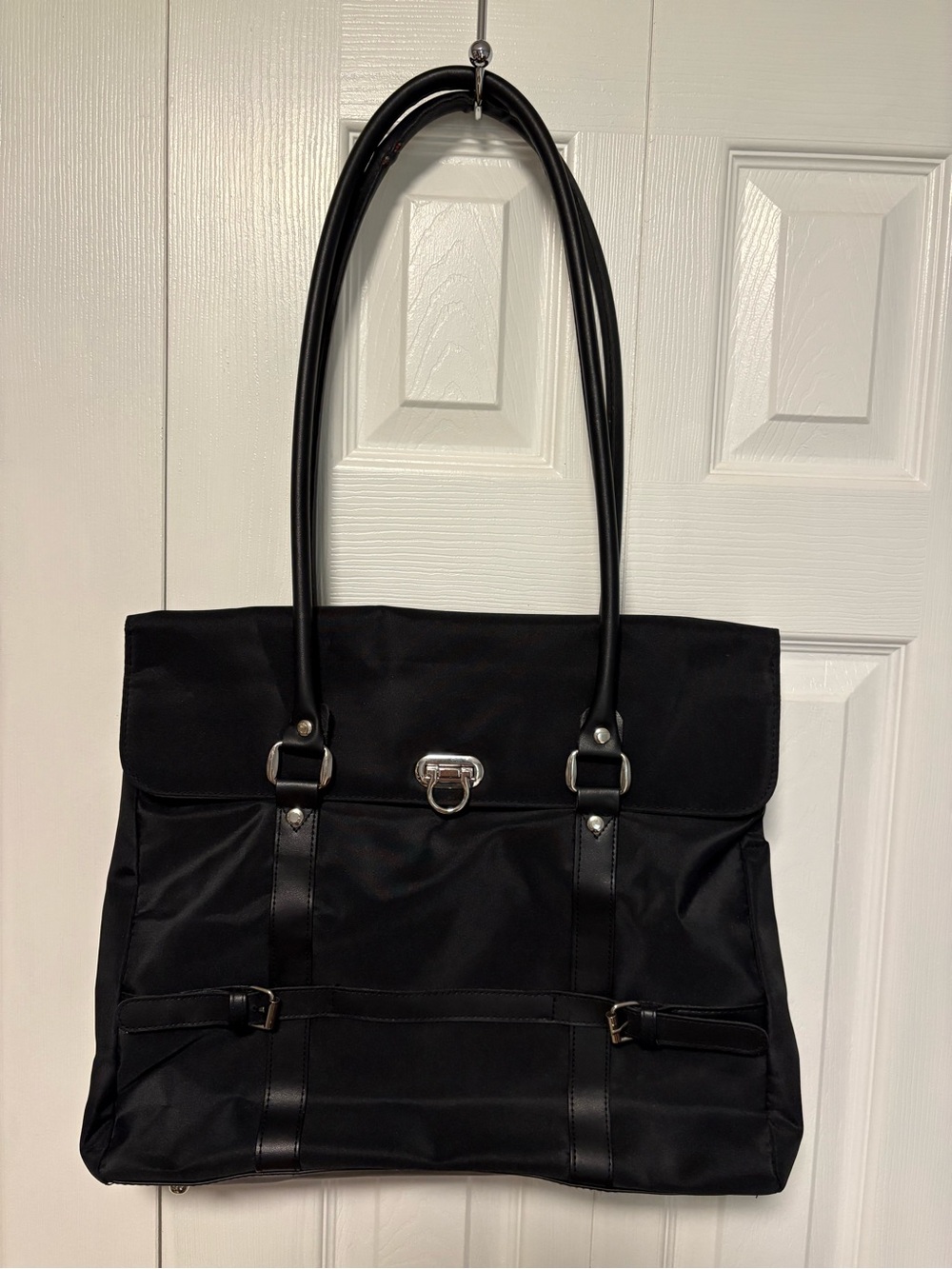 NWOT Classic Black NylonTote Bag with Silver Tone Closure - Sleek Everyday Carry